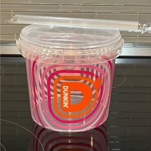 Dunkin Donuts 48oz refillable drink bucket with straw